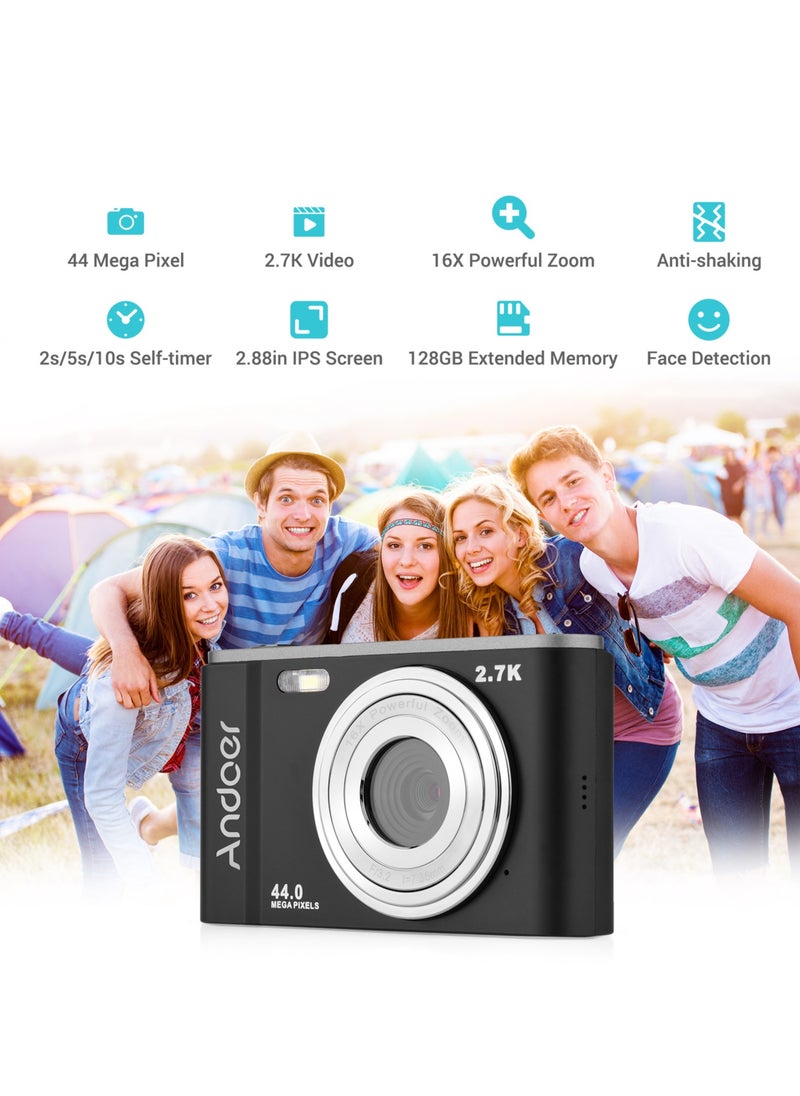 ANDOER - Mini Digital Camera 44MP 2.7K 2.88-inch IPS Screen 16X Zoom Self-Timer 128GB Extended Memory Face Detection Anti-shaking Built-in 2PCS Batteries Universal 1/4 Mounting with Hand Strap Carry Pouch - Image 1