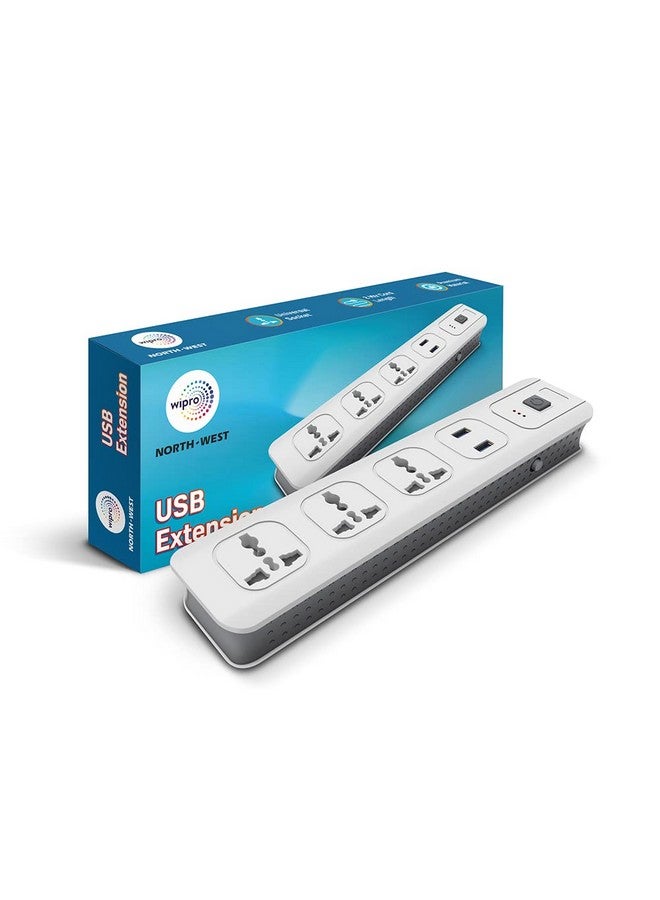 Wipro USB Extension Cord with 2 mtr Cord Length | 3 Universal Socket and 2 USB Port Spike Guard | Child Safety | Auto Cutoff | Fire Resistant, Pack of 1 - Image 1