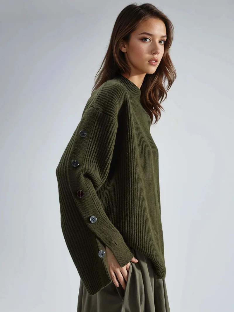 HICCUP Thick Knit Slit and Button Detailed Sweater