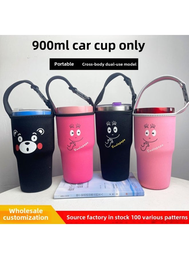 Generic In Stock Wholesale Mr. Bubble Ice Cream Cup Cover Portable Crossbody Diving Material Car Cup Cover Kumamoto Series Cup Cover-Color:Big Face Bear With Black Edge-Capacity:900ml  - Image 2