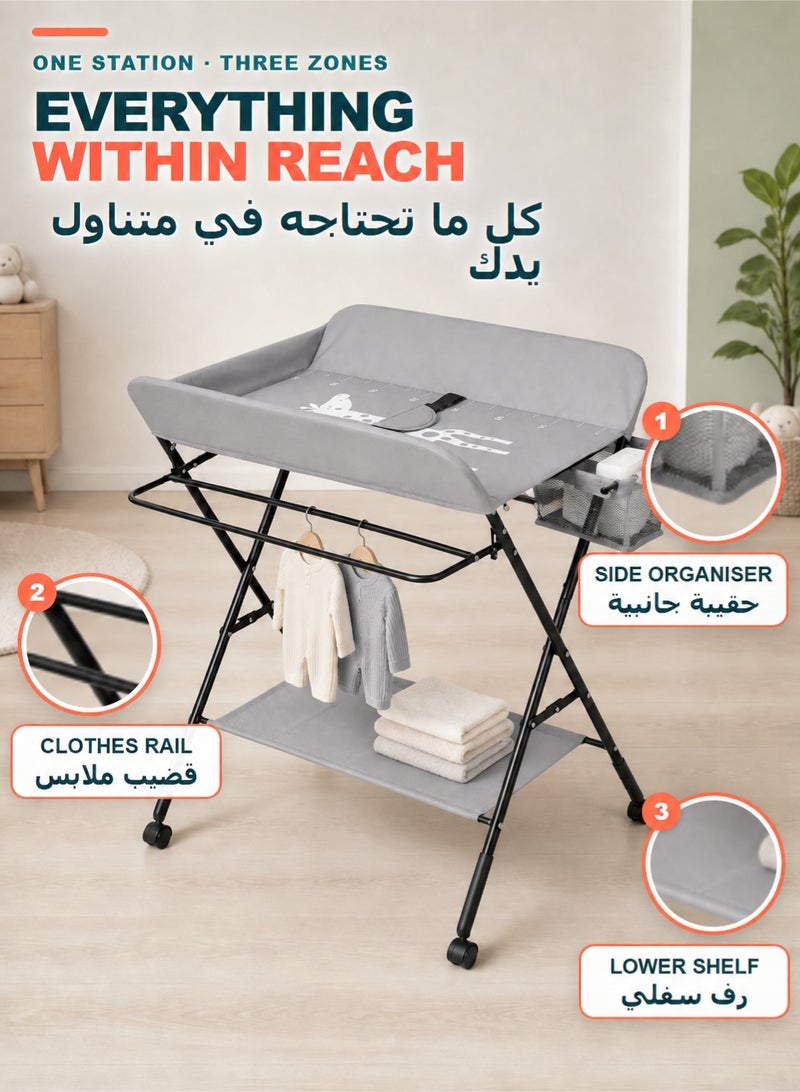 WALALLA Foldable Baby Changing Table with Wheels, 3-Level Adjustable Height Diaper Station with Side Storage Bag, Lower Shelf and Clothes Rail - Image 2