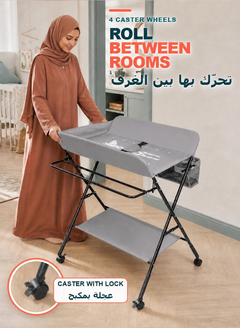 WALALLA Foldable Baby Changing Table with Wheels, 3-Level Adjustable Height Diaper Station with Side Storage Bag, Lower Shelf and Clothes Rail - Image 4