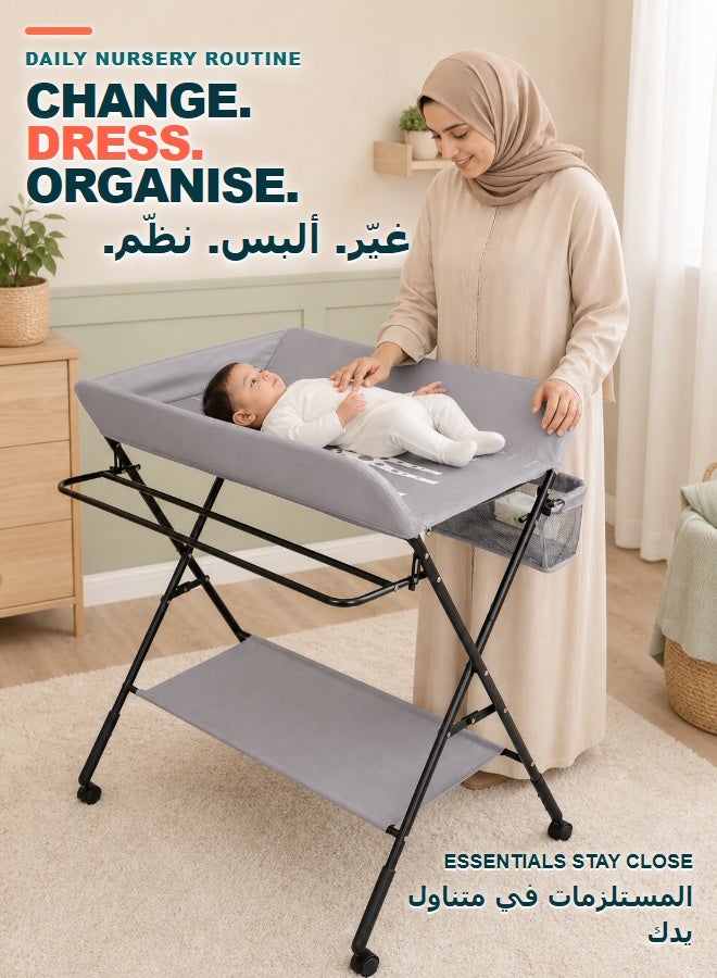 WALALLA Foldable Baby Changing Table with Wheels, 3-Level Adjustable Height Diaper Station with Side Storage Bag, Lower Shelf and Clothes Rail - Image 5