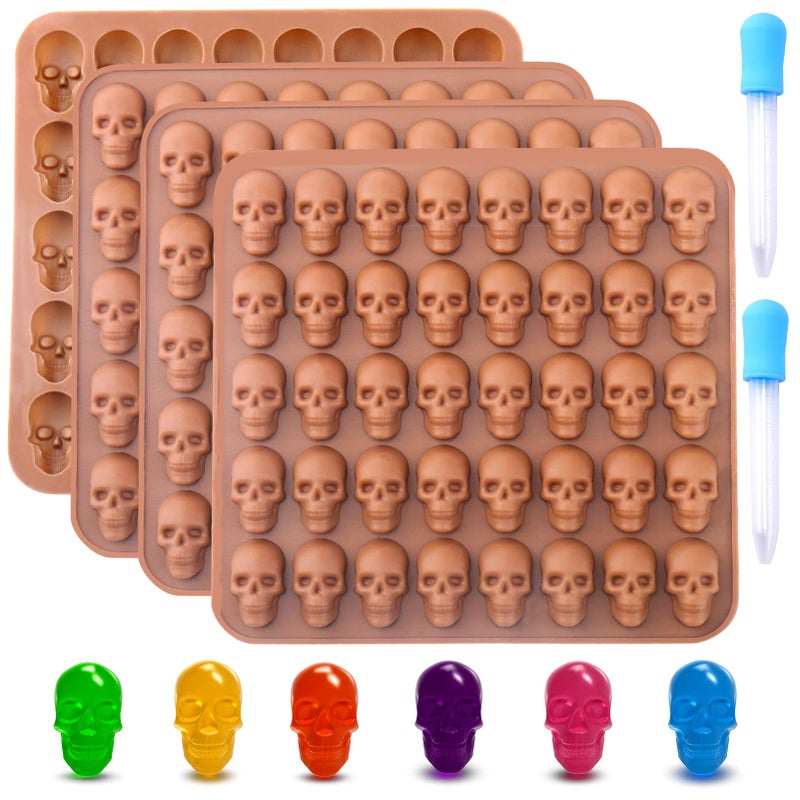 BUSOHA Gummy Skull Candy Molds Silicone 4 Pack 40 Cavity NonStick Skull Silicone Molds with 2 Droppers for Chocolate Candy Jelly Ice Cube Dog Treats