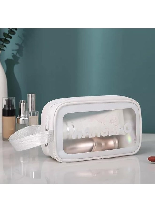 حقيبة مكياج محمولة حقيبة سفر شفافة لمستحضرات التجميل منظم مستحضرات التجميل تحمل كلمه واش باج المقاوم للماء وحقيبة مستحضرات التجميل المزودة بسحاب 24×7×14سم (أبيض) - Image 3