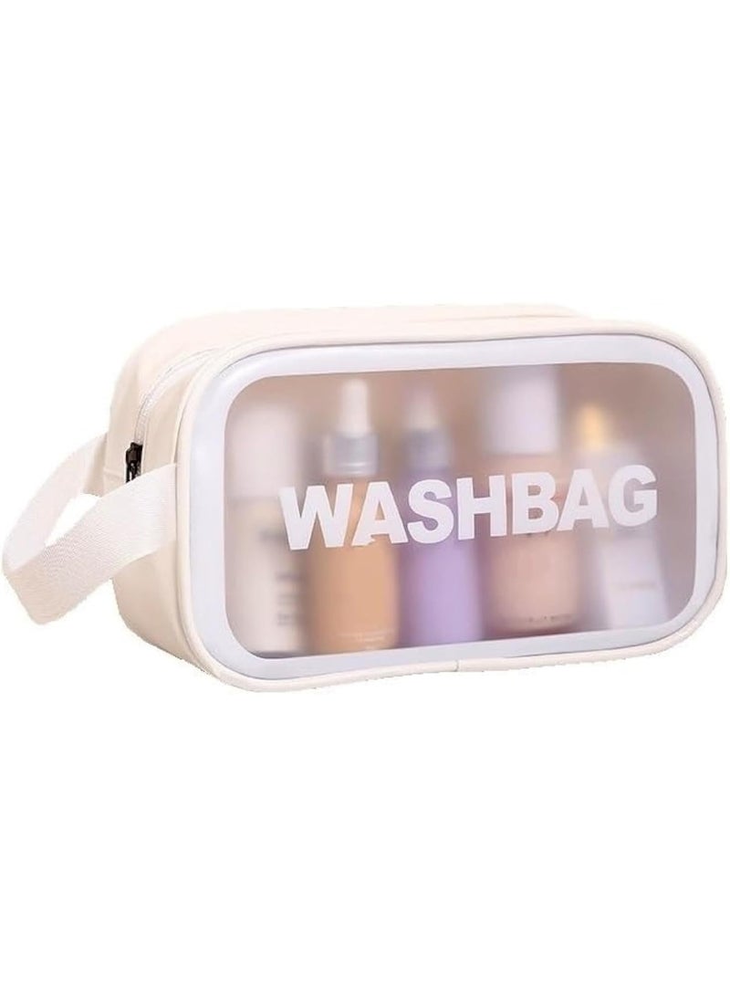 حقيبة مكياج محمولة حقيبة سفر شفافة لمستحضرات التجميل منظم مستحضرات التجميل تحمل كلمه واش باج المقاوم للماء وحقيبة مستحضرات التجميل المزودة بسحاب 24×7×14سم (أبيض) - Image 1