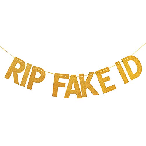 JenJen Tradition PreStrung Funny 21st Birthday Decorations for Him Her Gold Glitter PreStrung 21st Birthday Banner for Him Rip Fake ID Backdrop 21 Birthday Party Supplies Favors for Men and Women No DIY Needed - Image 1