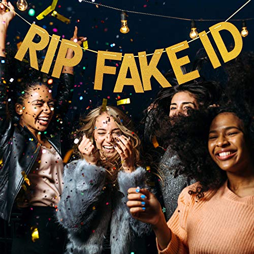 JenJen Tradition PreStrung Funny 21st Birthday Decorations for Him Her Gold Glitter PreStrung 21st Birthday Banner for Him Rip Fake ID Backdrop 21 Birthday Party Supplies Favors for Men and Women No DIY Needed - Image 5