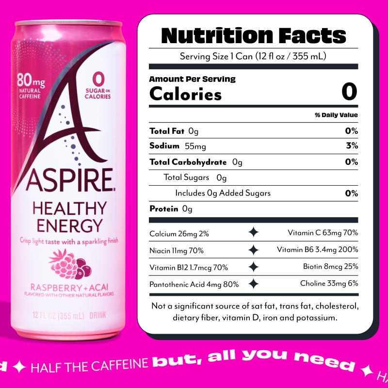 ASPIRE® Raspberry Acai, Healthy Energy Drink 80mg Natural Caffeine, Zero Sugar No Carbs Keto Friendly, 12 Pack Green Tea Sugar Free Drink Low Caffeine Zero Calorie - Image 2