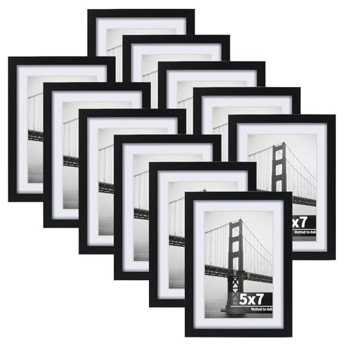 CRUGLA 5x7 Picture Frames Set of 11, Display Pictures 4x6 with Mat or 5 by 7 without Mat, Wall or Tabletop Display, Black - Image 1