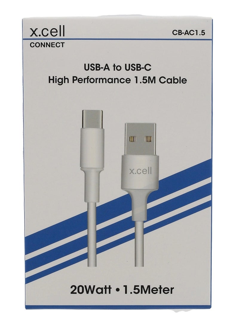 إكس سيل كابل نقل بيانات سريع الشحن من X.CELL USB-A إلى USB-C بقوة 20 وات، 1.5 متر، أبيض - Image 1