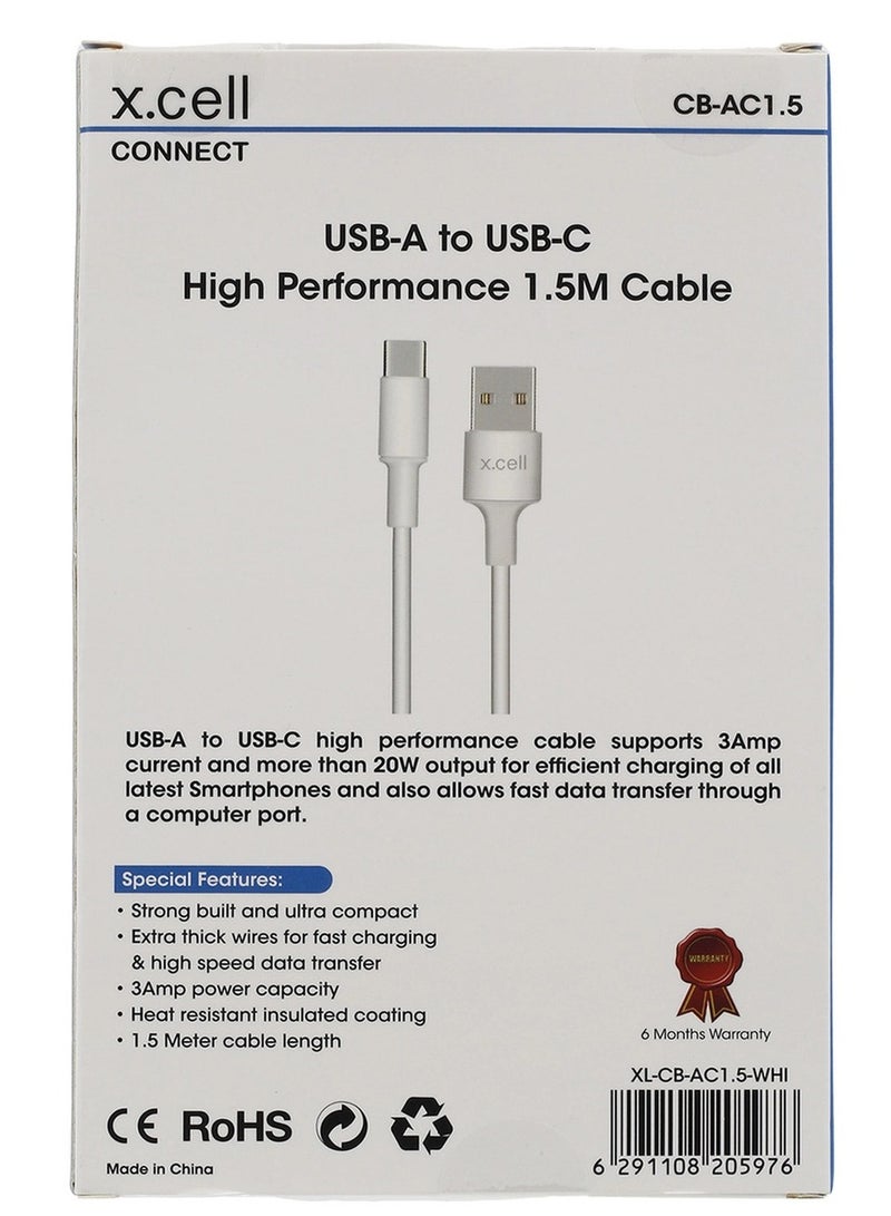 إكس سيل كابل نقل بيانات سريع الشحن من X.CELL USB-A إلى USB-C بقوة 20 وات، 1.5 متر، أبيض - Image 2