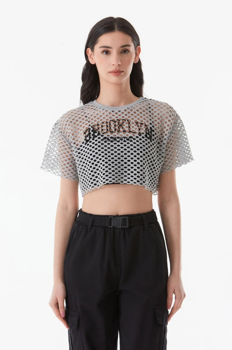FullaModa Printed Openwork Knitwear Crop Blouse