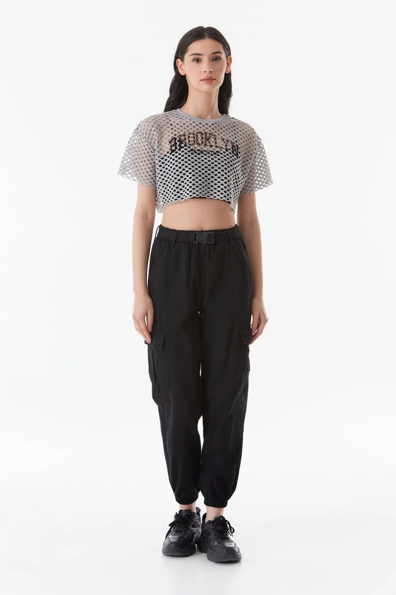 FullaModa Printed Openwork Knitwear Crop Blouse