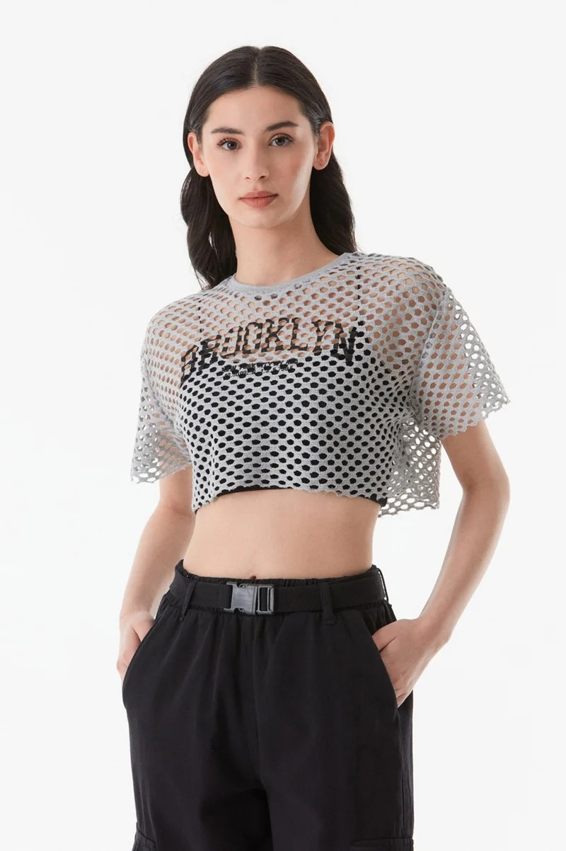 FullaModa Printed Openwork Knitwear Crop Blouse