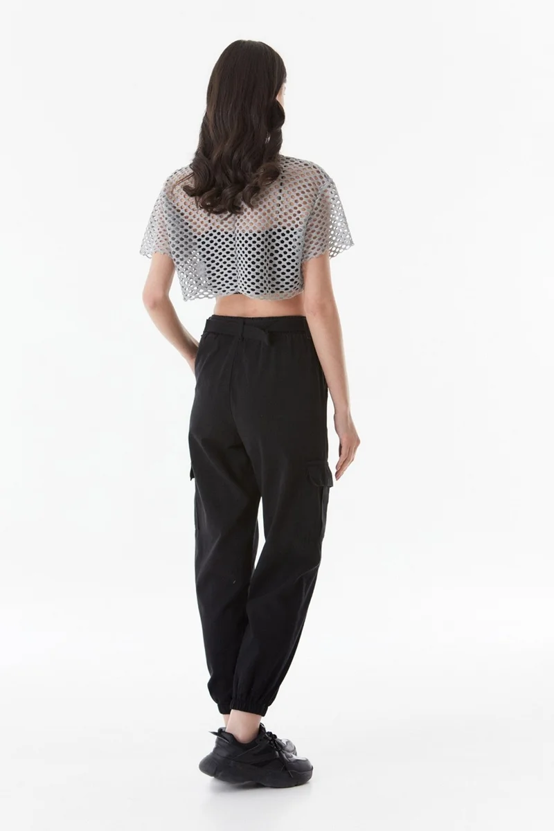 FullaModa Printed Openwork Knitwear Crop Blouse