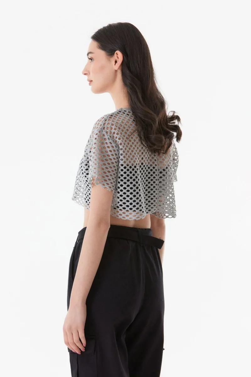 FullaModa Printed Openwork Knitwear Crop Blouse