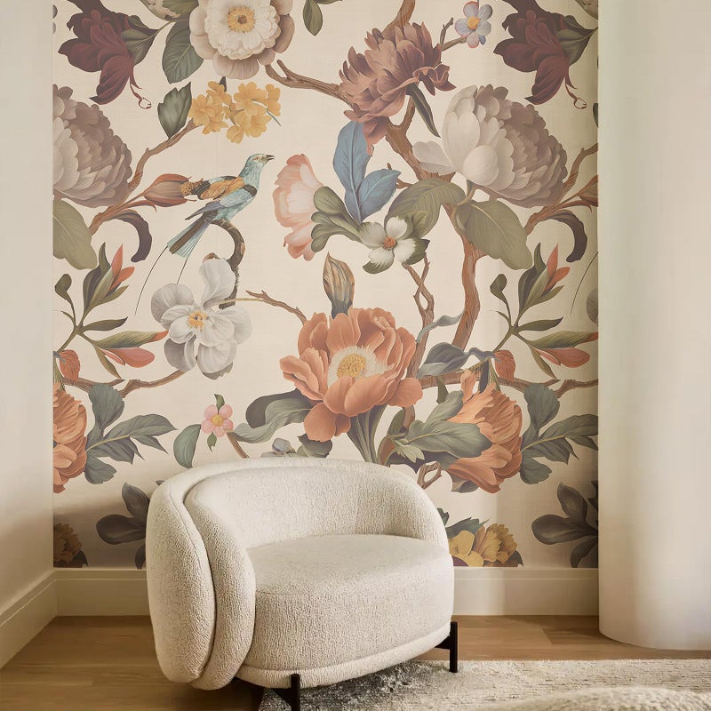 Zeeko Floral Peel and Stick Wallpaper Mural Beige Flower Wallpaper for Bedroom TV Background Large Wall Murals Wall Paintings Art Deco 98" H x 59" W (Covers 40 sq. ft.) - Image 2