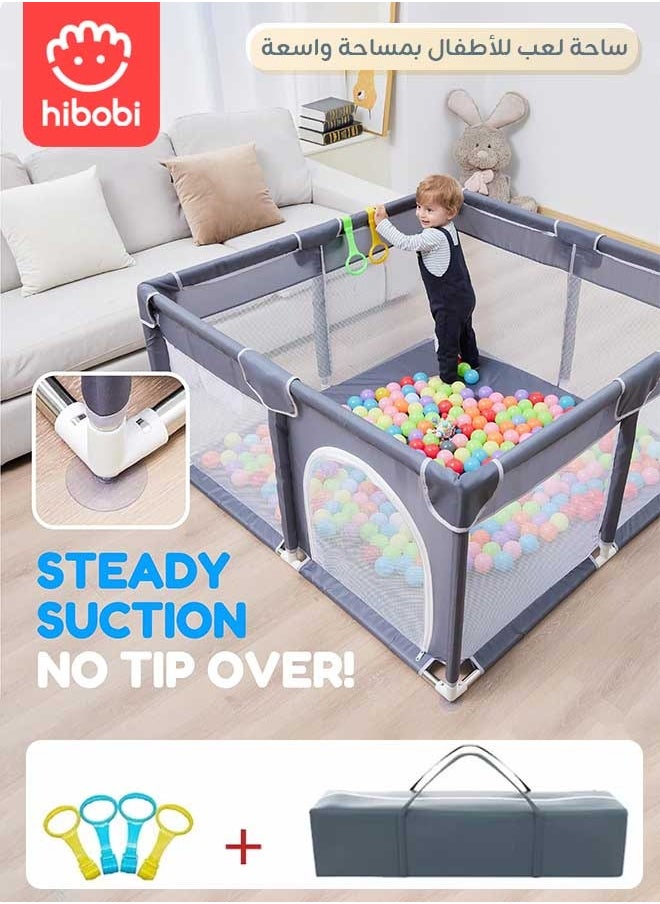 hibobi Large Foldable Baby Playpen 180×150×66cm – Indoor & Outdoor Kids Safety Play Yard with Mesh Sides, Non-Slip Suction Cups, Zipper Door & Carry Bag – Grey  - Image 1