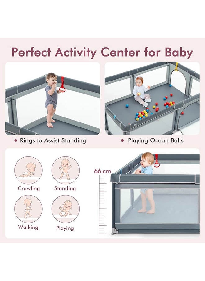 hibobi Large Foldable Baby Playpen 180×150×66cm – Indoor & Outdoor Kids Safety Play Yard with Mesh Sides, Non-Slip Suction Cups, Zipper Door & Carry Bag – Grey  - Image 5