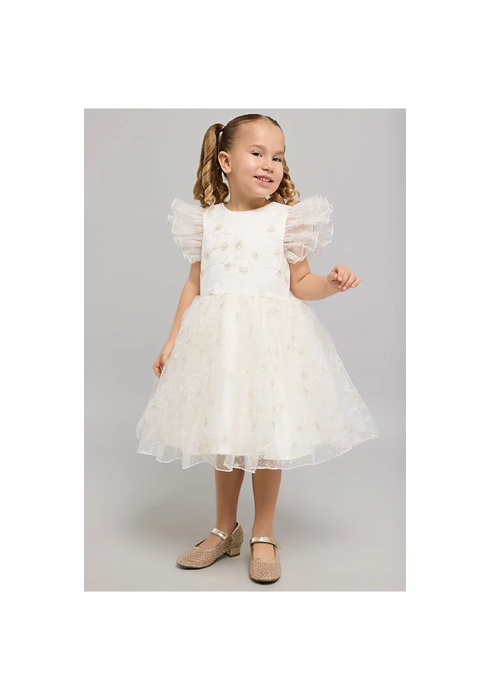 R&b Embellished Fit & Flare Dress with Crew Neck and Flutter Sleeves
