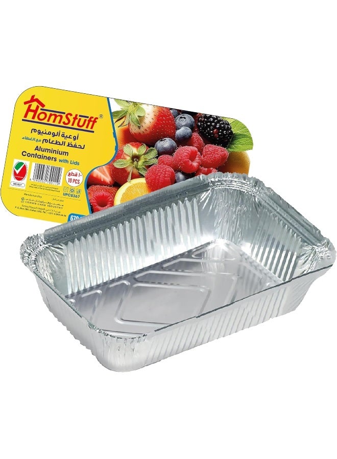 HomStuff Aluminium Foil Container with Lid 8367 (670 ml), Pack of 10 pcs, Aluminium Disposable container | Parcel Box | Packaging Hot/Dry Foods | Freezer Containers for Takeaway Food Packaging.