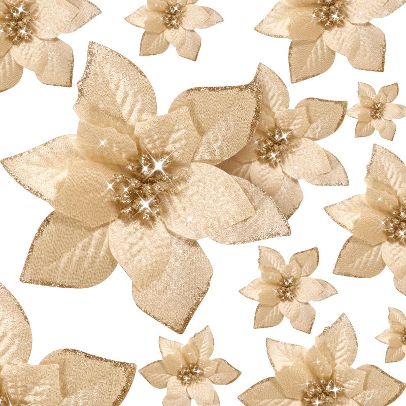 Cindeer 36 Pcs 3 Size Christmas Tree Decorations Poinsettias Artificial Flowers Ornaments Glitter Faux Christmas Flowers with Clips for Xmas New Year Home Wedding Outdoor 4 6 and 9 Champagne