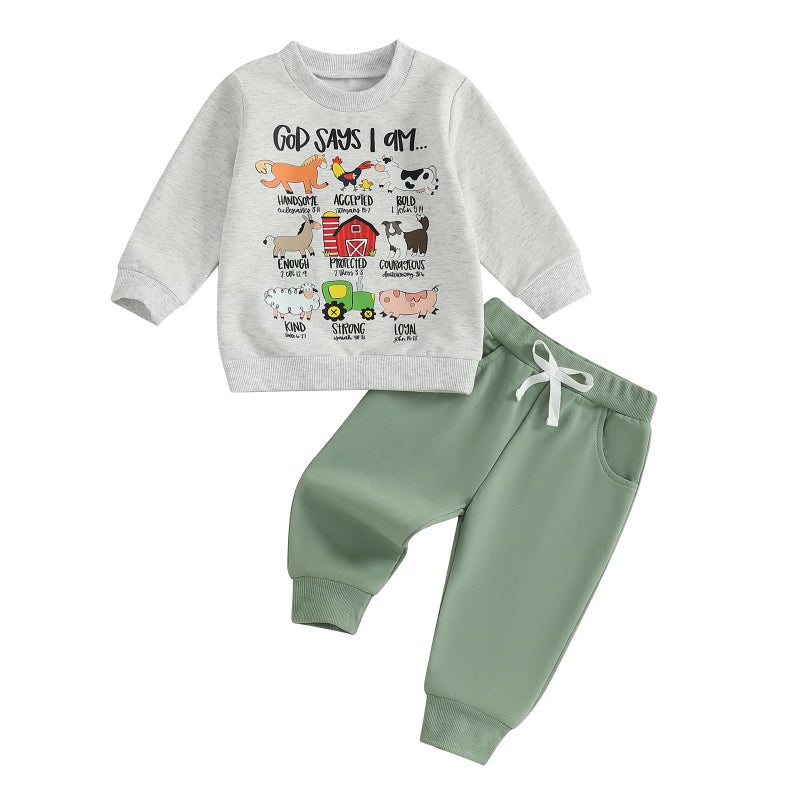 Fernvia Toddler Boy Fall Winter Clothes God Says I Am Long Sleeve Pullover Sweatshirts + Solid Joggers Pants Outfits Set (Animal Green, 2-3T) - Image 1