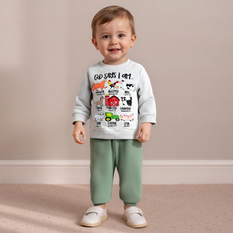 Fernvia Toddler Boy Fall Winter Clothes God Says I Am Long Sleeve Pullover Sweatshirts + Solid Joggers Pants Outfits Set (Animal Green, 2-3T) - Image 2