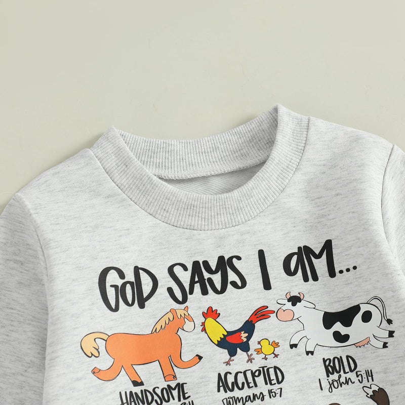 Fernvia Toddler Boy Fall Winter Clothes God Says I Am Long Sleeve Pullover Sweatshirts + Solid Joggers Pants Outfits Set (Animal Green, 2-3T) - Image 4