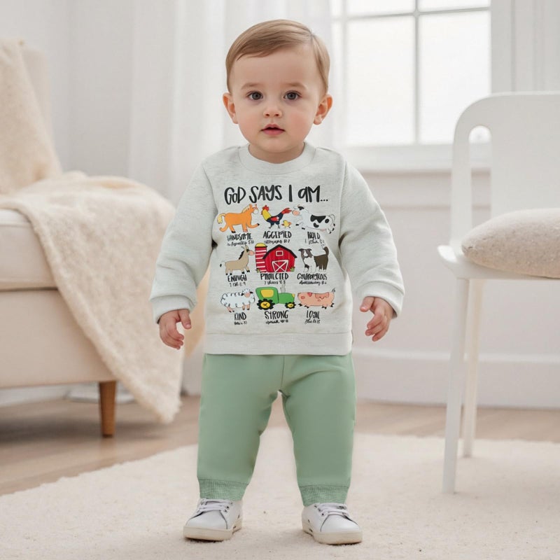 Fernvia Toddler Boy Fall Winter Clothes God Says I Am Long Sleeve Pullover Sweatshirts + Solid Joggers Pants Outfits Set (Animal Green, 2-3T) - Image 3