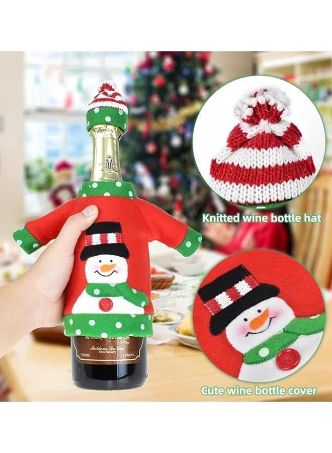 Christmas Wine Bottle Cover, Handmade Sweater Snowman Reindeer Wine Bottle Covers with Hat for Xmas New Year Party Table Centerpieces Decoration, Set of 2 - Image 2