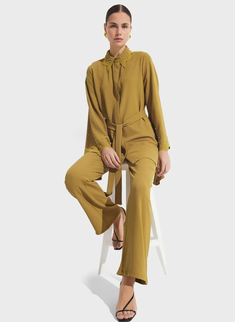 JUNE Embellished Belted Shirt & Pants Set