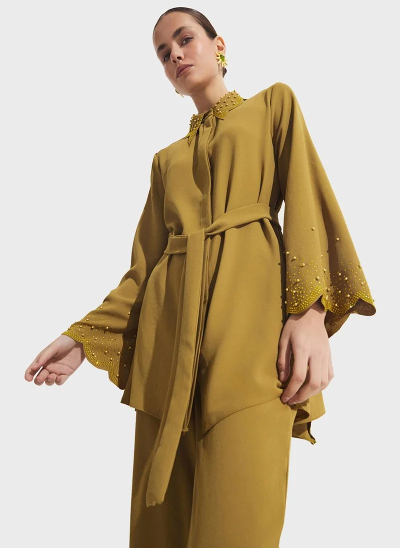 JUNE Embellished Belted Shirt & Pants Set