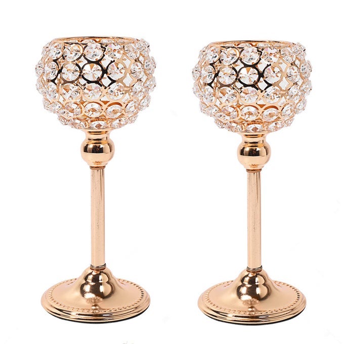 GOLD CRYSTAL CANDLE HOLDERS SET OF 2 VOTIVE PILLAR TEALIGHT CANDLE HOLDER DINING TABLE CENTERPIECE TABLE DECORATIONS FOR DINING ROOM LIVING ROOM WEDDING COFFEE CHRISTMAS TABLE DECOR GOLD 2PCS 6
