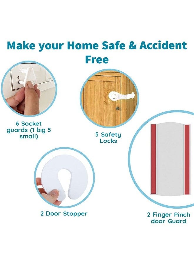 KidDough - Baby Proofing Safety Kit ; 2 Finger Pinch Door Hinge Guards 5 Safety Locks For Cabinets Almirahs Etc 2 C Shape Door Stopper 6 Electric Socket Guards For Kids ; Protection For Child Safety (Safety Kit) - Image 1