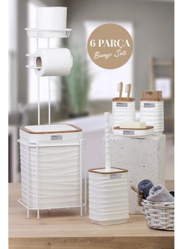 ‎okyanus Home White Wooden Patterned Luna Square Spare Toilet Paper Holder and 6 Piece Bathroom Set  - Image 1