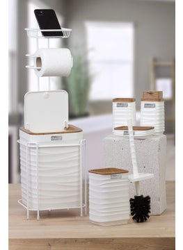 ‎okyanus Home White Wooden Patterned Luna Square Spare Toilet Paper Holder and 6 Piece Bathroom Set  - Image 2
