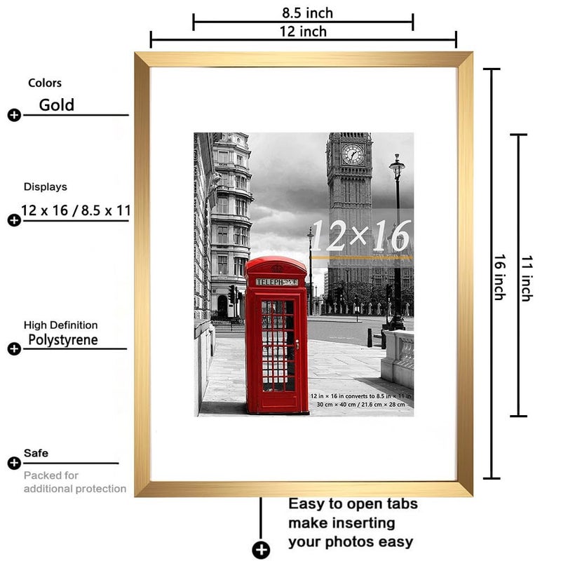 Hogaryo Set of 3 12x16 Picture Frame Gold Frames can Display 8.5x11 Picture with Mat or 12x16 Without Mat on the Wall - Image 3
