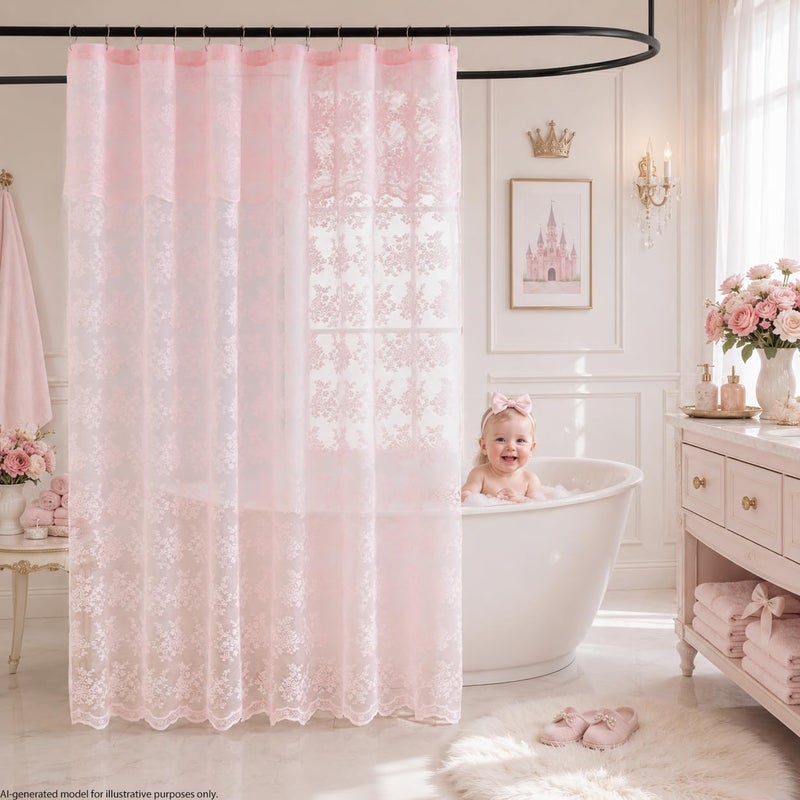 TUDECO Pink Lace Shower Curtain for Bathroom- Shabby Chic Shower Curtain with Attach Valance, Semi Sheer Vintage Farmhouse Floral Bathroom Curtain, Scalloped Edge Reinforced Holes Top 72 x 72 Inch - Image 5