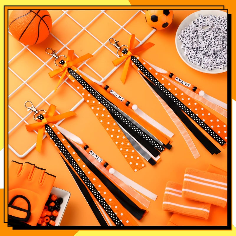 Nosiny 12 Pcs Cheer Keychains Cheerleader Gifts for Team Personalized DIY Bead Ribbon Keychain Kit Cheer Bag Tags for Women(Orange, Black) - Image 4