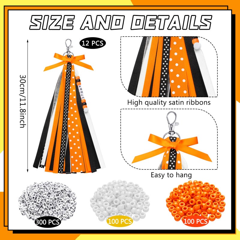 Nosiny 12 Pcs Cheer Keychains Cheerleader Gifts for Team Personalized DIY Bead Ribbon Keychain Kit Cheer Bag Tags for Women(Orange, Black) - Image 3