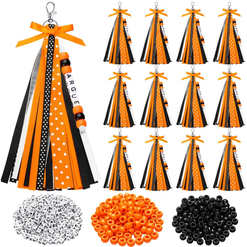 Nosiny 12 Pcs Cheer Keychains Cheerleader Gifts for Team Personalized DIY Bead Ribbon Keychain Kit Cheer Bag Tags for Women(Orange, Black) - Image 1
