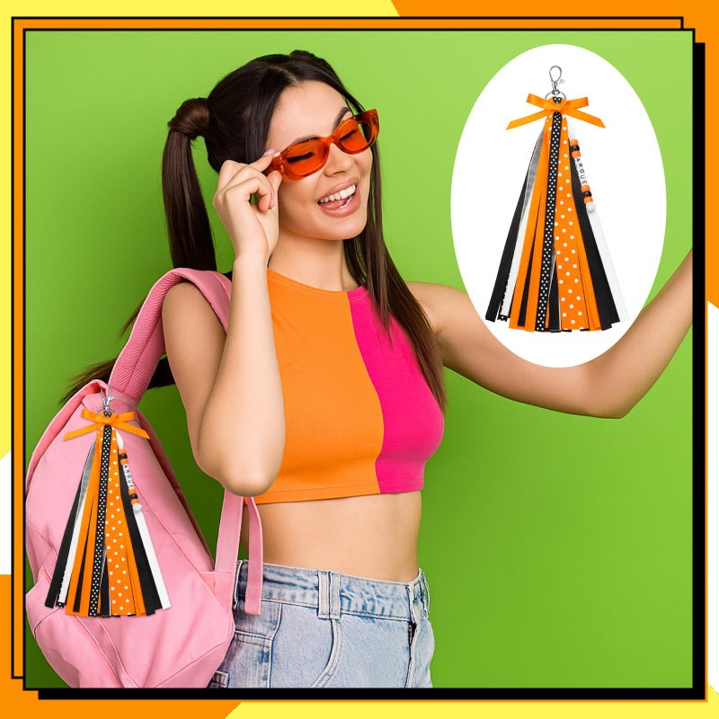 Nosiny 12 Pcs Cheer Keychains Cheerleader Gifts for Team Personalized DIY Bead Ribbon Keychain Kit Cheer Bag Tags for Women(Orange, Black) - Image 5
