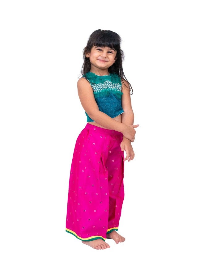 TWISHA Girls Embroidered Top with Frill Details & Self Designed Palazzo Set - Green & Pink - Image 3