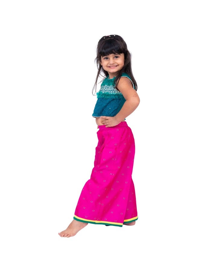 TWISHA Girls Embroidered Top with Frill Details & Self Designed Palazzo Set - Green & Pink - Image 4