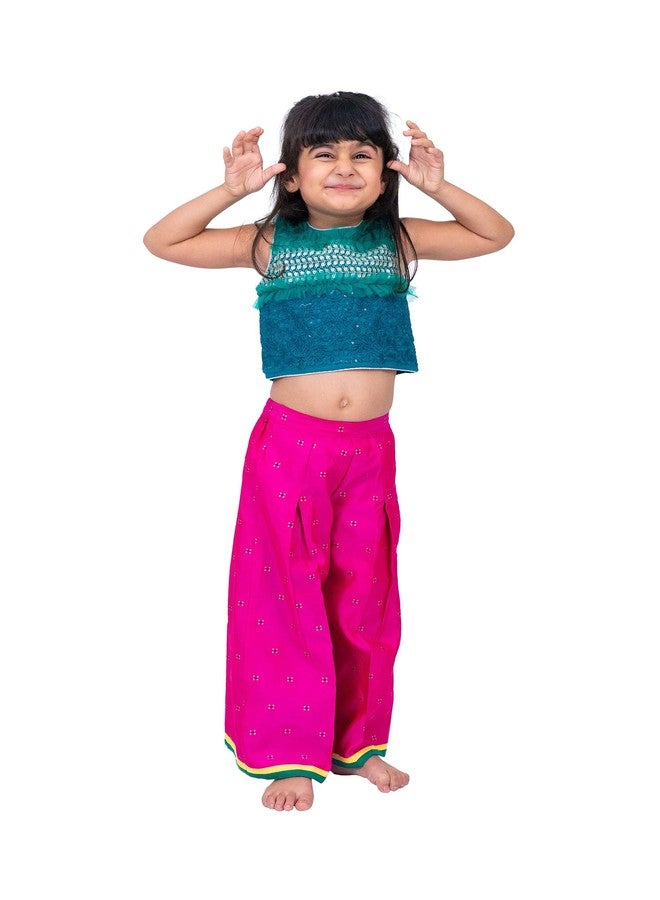 TWISHA Girls Embroidered Top with Frill Details & Self Designed Palazzo Set - Green & Pink - Image 5