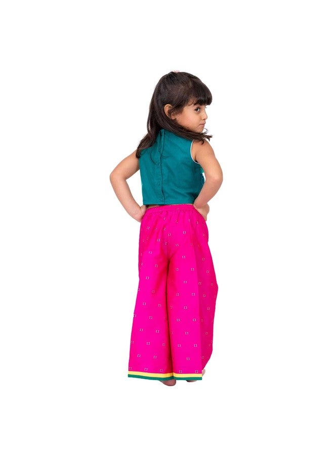 TWISHA Girls Embroidered Top with Frill Details & Self Designed Palazzo Set - Green & Pink - Image 2