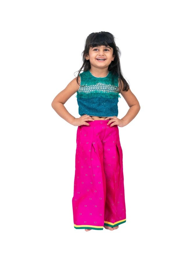 TWISHA Girls Embroidered Top with Frill Details & Self Designed Palazzo Set - Green & Pink - Image 1