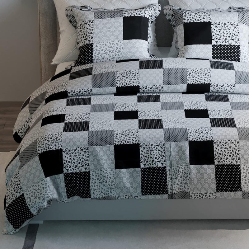LABHAM Retro 180TC Pure Cotton Super Soft Breathable Printed King Size Double Bed90 x 100 with 2 Pillow Covers Black White Grey RTDB04 - Image 1